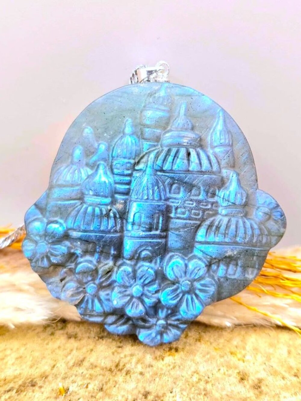 Labradorite Castle & Moon Pendant • 1.9" Carved Crystal Necklace • Flashy Castle